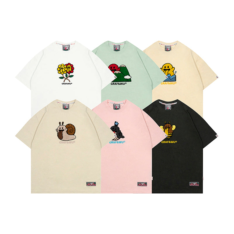 GRAFWU Nature Series Cute Ghost Bee, Flower, Snail, Elements Embroidered T-Shirt