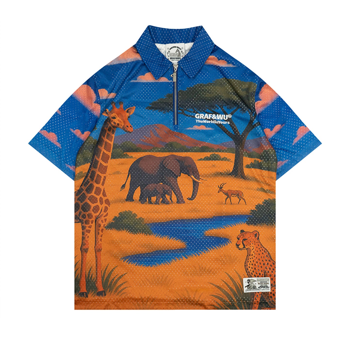 GRAF&WU African Scenery Giraffe Cheetah Retro Double Mesh T-shirt