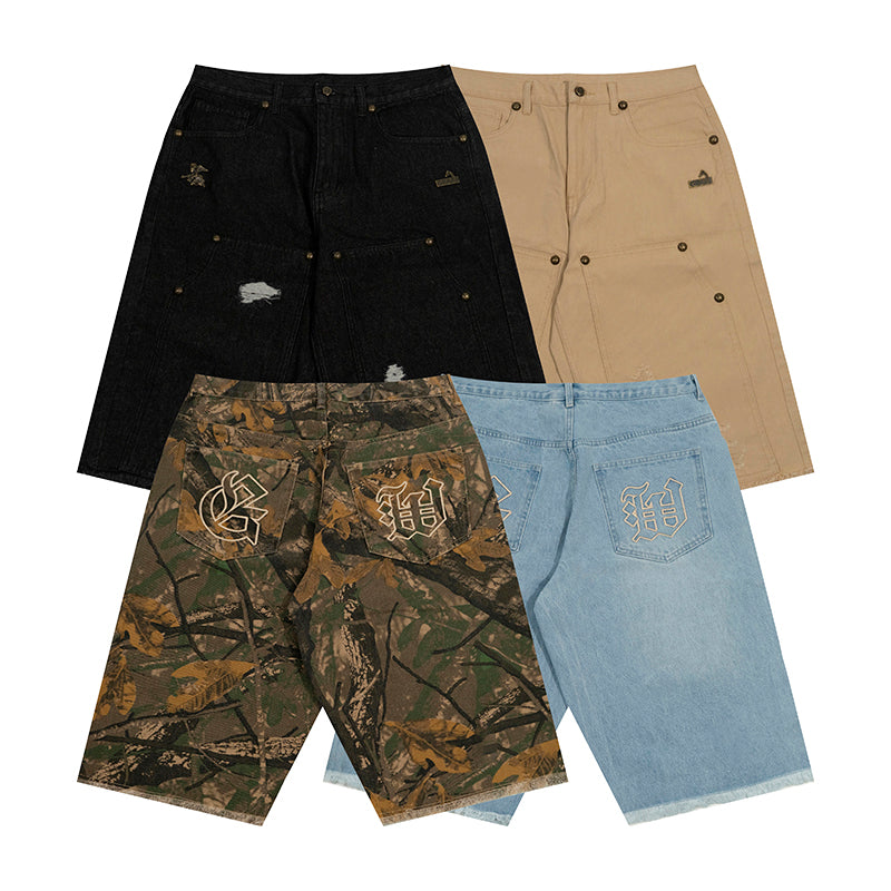 GRAF&WU Shorts Tree Branch Camouflage Ripped Pants Metal Copper Label Ak47 Angel Giraffe Lumberjack Shorts Casual Hip Hop Cargo Shorts