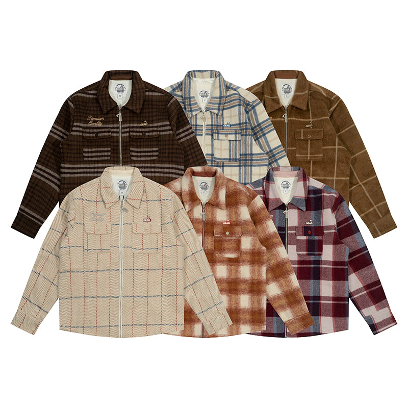 GRAF&WU Metal Deer Logo Woolen Checked Shirt Jacket