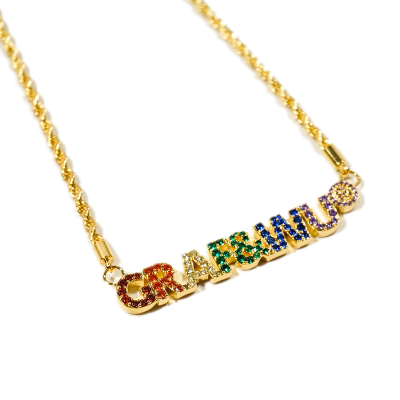 GRAF&WU Necklaces Rainbow Letter Inlaid Diamond Necklace 18k Gold Plated Jewelry Hip Hop Pendant Clavicle Chain Accessories