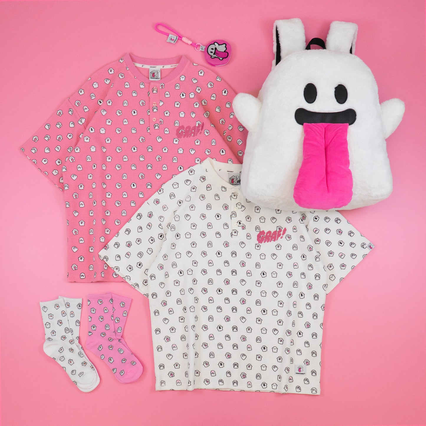 GRAF&WU Mini Cute Ghost Cotton Waffle Henley Collar T-shirt