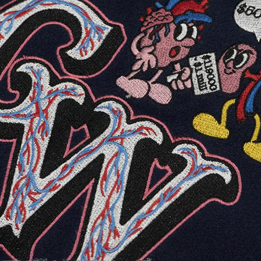 GRAF&WU Viscera Party Embroidery Leather Sleeved Woolen Retro Baseball Jacket