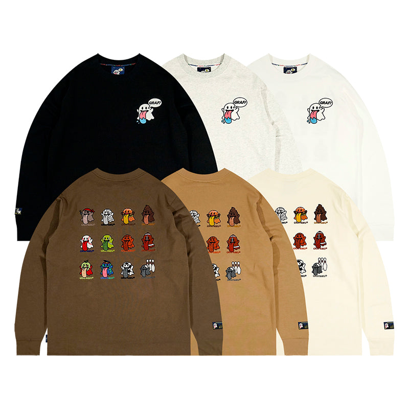 GRAF&WU BooGhost12Cute Ghosts 2.0 Embroidered Loose-Fit Casual Streetwear Multi-Color Long Sleeve T-Shirt