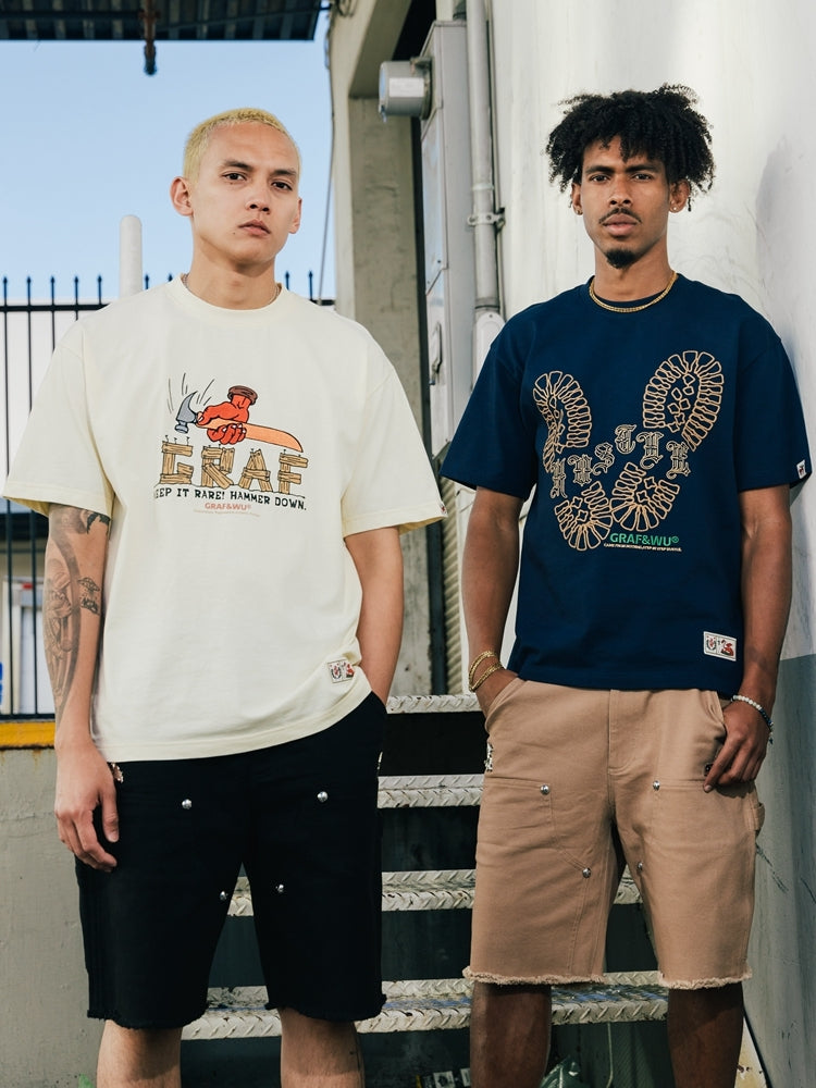 GRAF&WU T-Shirts【24vol.1】One Step At A Time Short Sleeves Hustle Shoe Print Street Short Sleeve Pure Cotton T-Shirt Casual Summer Tees