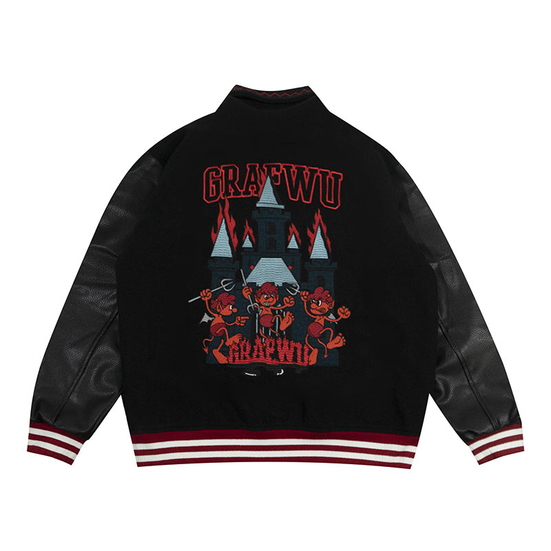GRAF&WU Angel Devil Leather Sleeved Thick Baseball Jacket