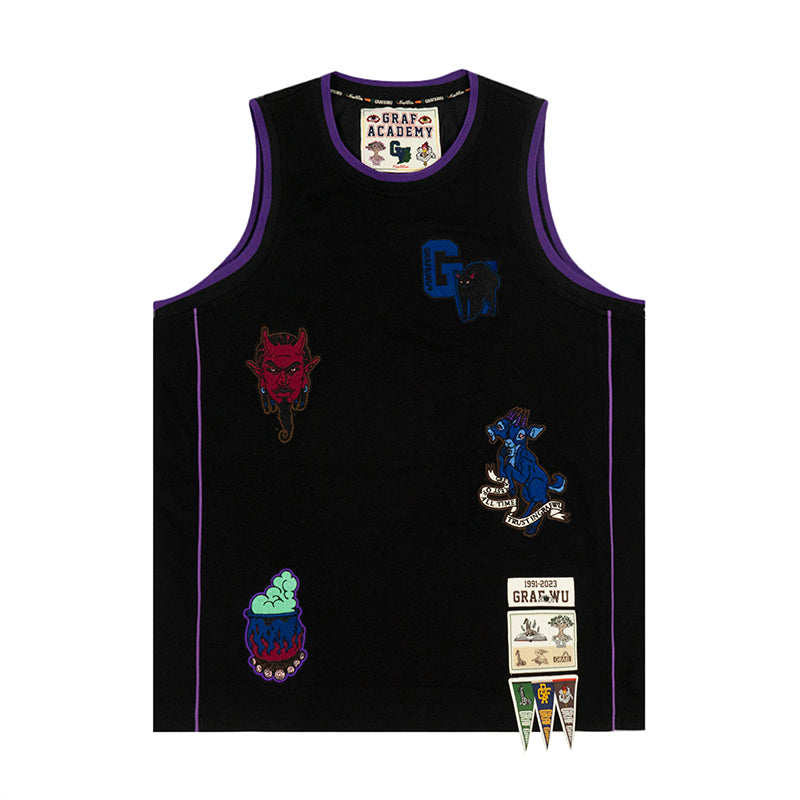 GRAFWU Devil Black Cat Two-Headed Sheep Embroidery Basketball Vest