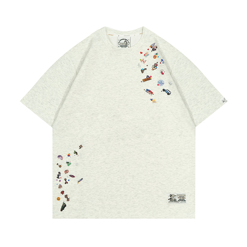 GRAF&WU T-Shirts Y2k Pattern Design Short Sleeves Cute Ghost Giraffe Mini Stickers Short Sleeve Men Women Casual T-Shirt