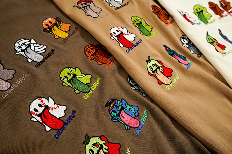 GRAF&WU BooGhost12Cute Ghosts 2.0 Embroidered Loose-Fit Casual Streetwear Multi-Color Long Sleeve T-Shirt