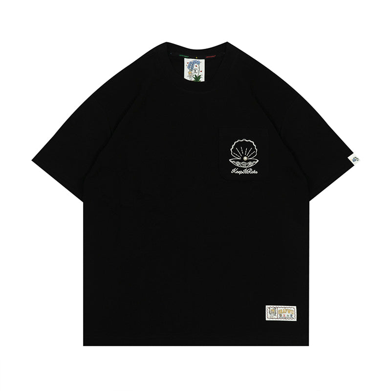 GRAF&WU【A Pearl】T-Shirts Opened Shell Pearl Fashion Short Sleeves Embroidery Pattern Short Sleeve Small Pocket Detail Design Tees Summer T-Shirt