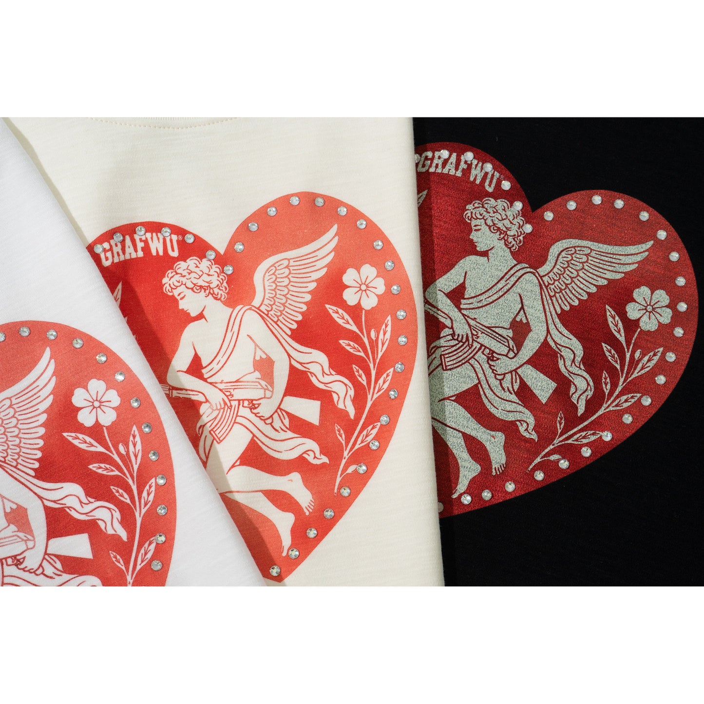 GRAF&WU AK47 Greek Angel Rhinestone Shiny Heart T-Shirt