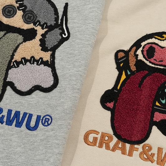GRAF&WU Halloween Godzilla Unicorn Cute Ghost Embroidery Fleece Hoodie