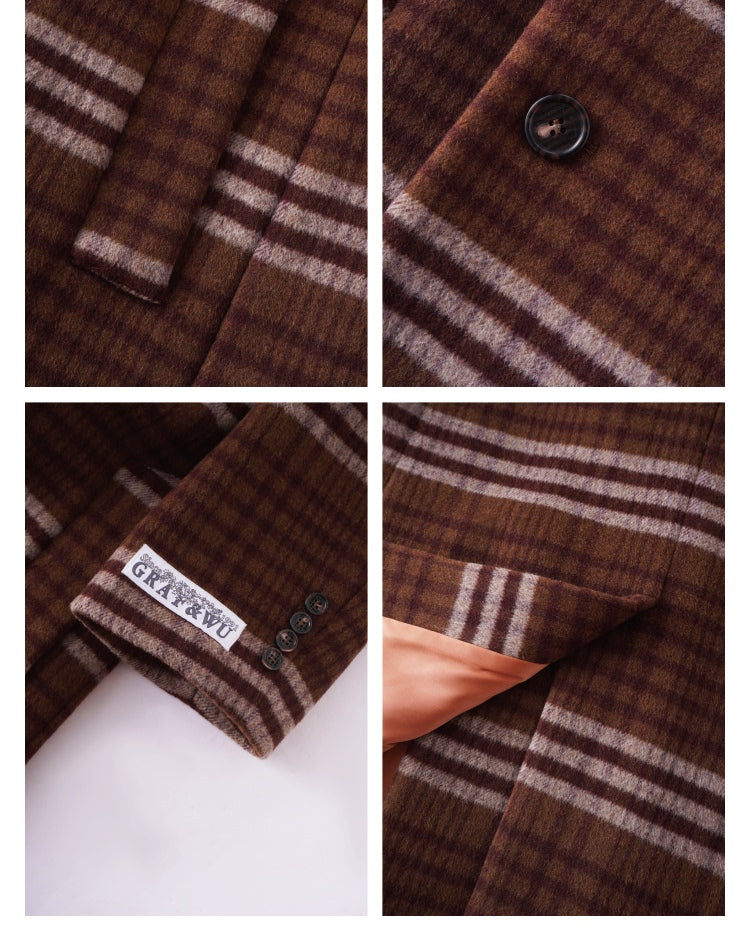 GRAF&WU Fashion Brown Plaid Embroidered 100% Wool Jacket Coat