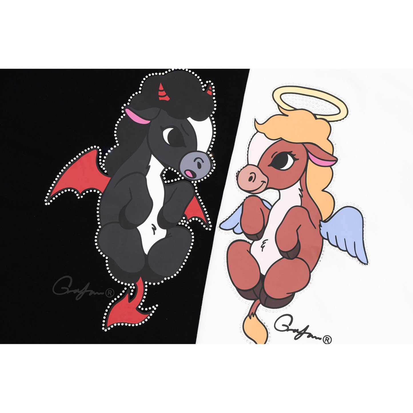 GRAF&WU Angel Devil Pony Twin Rhinestone Couple Street Loose T-shirt