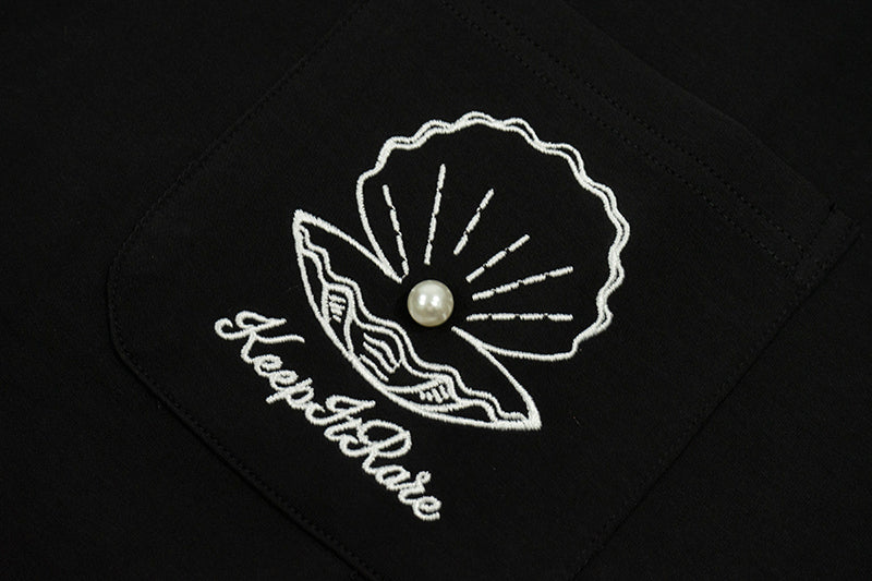 GRAF&WU【A Pearl】T-Shirts Opened Shell Pearl Fashion Short Sleeves Embroidery Pattern Short Sleeve Small Pocket Detail Design Tees Summer T-Shirt