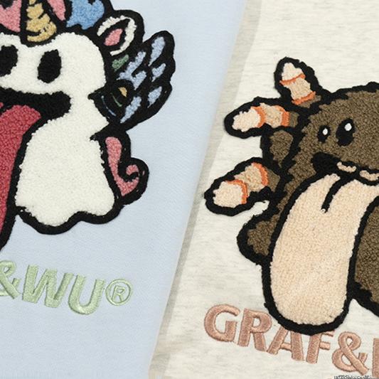 GRAF&WU Halloween Godzilla Unicorn Cute Ghost Embroidery Fleece Hoodie