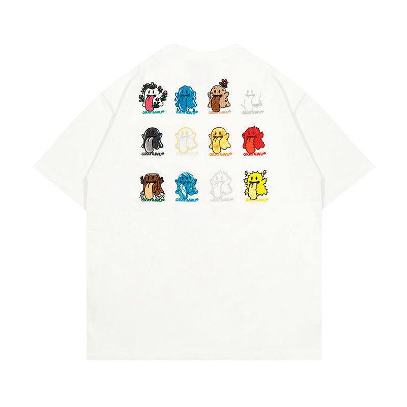 GRAF&WU T-Shirts 12 Natural Elements Cute Ghost Design T-Shirts Tai Chi Pattern Summer T-Shirt Embroidered Cotton Short Sleeve