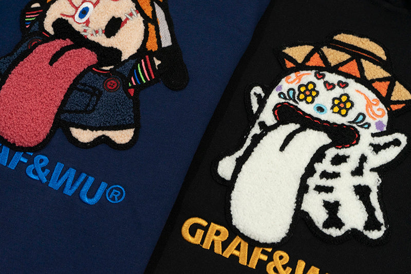 GRAF&WU Halloween Godzilla Unicorn Cute Ghost Embroidery Fleece Hoodie