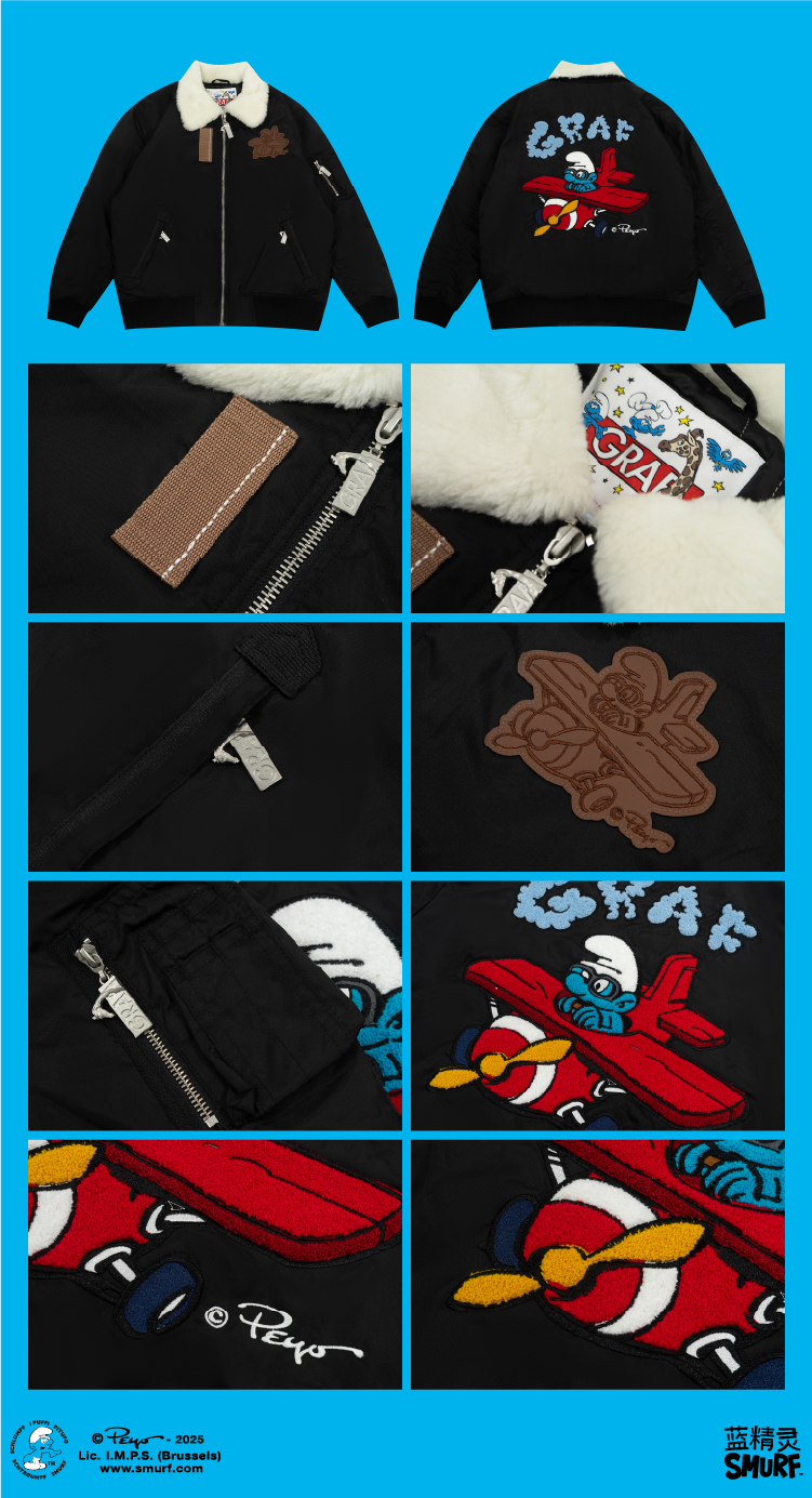 GRAF X SMURF Collaboration Fashion Fur Collar Thick Bomber Jacket