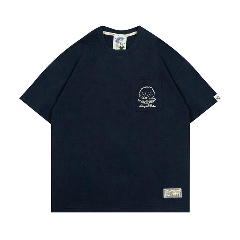 GRAF&WU【A Pearl】T-Shirts Opened Shell Pearl Fashion Short Sleeves Embroidery Pattern Short Sleeve Small Pocket Detail Design Tees Summer T-Shirt
