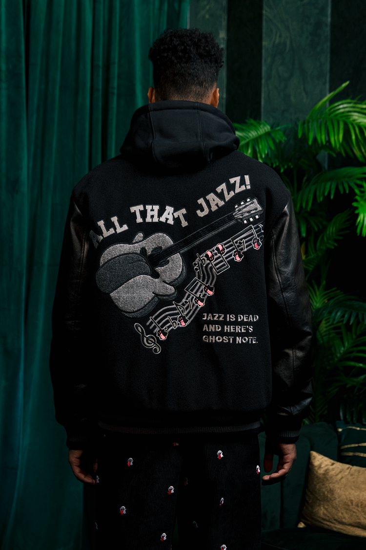 GRAF&WU Jazz Cute Ghost Leather Sleeved Wool Vintage Baseball Jacket