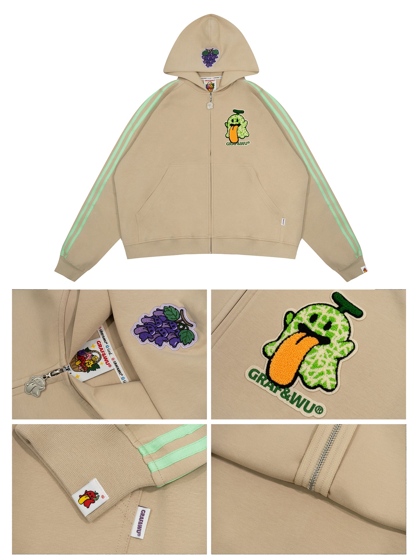 GRAF&WU Fruit Party Peach Lychee Banana Cute Ghost Thin Zip-up Hoodie