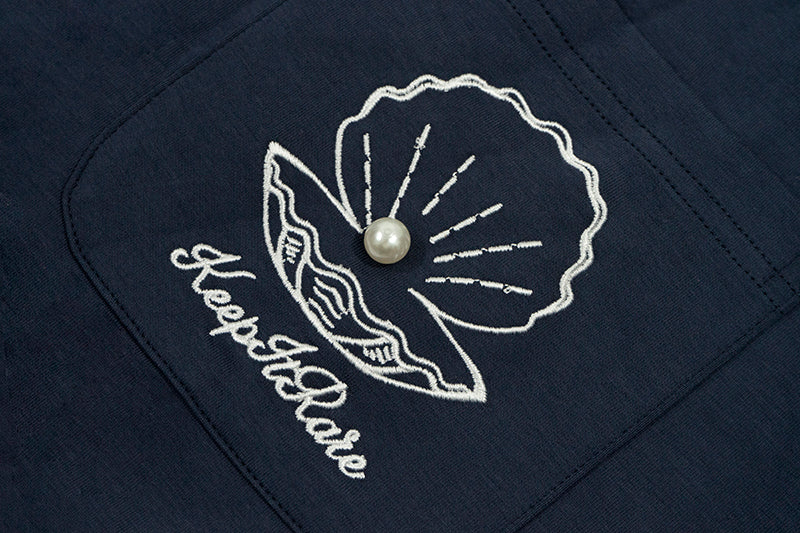 GRAF&WU【A Pearl】T-Shirts Opened Shell Pearl Fashion Short Sleeves Embroidery Pattern Short Sleeve Small Pocket Detail Design Tees Summer T-Shirt