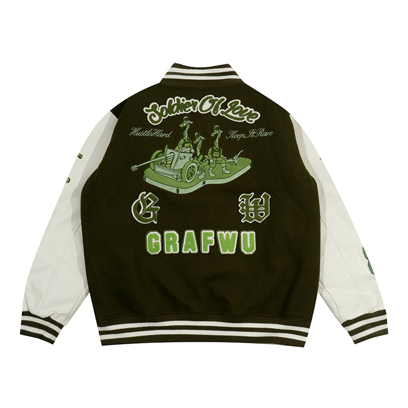 GRAF&WU Soldier Deer Woolen Leather-sleeved Baseball Jacket
