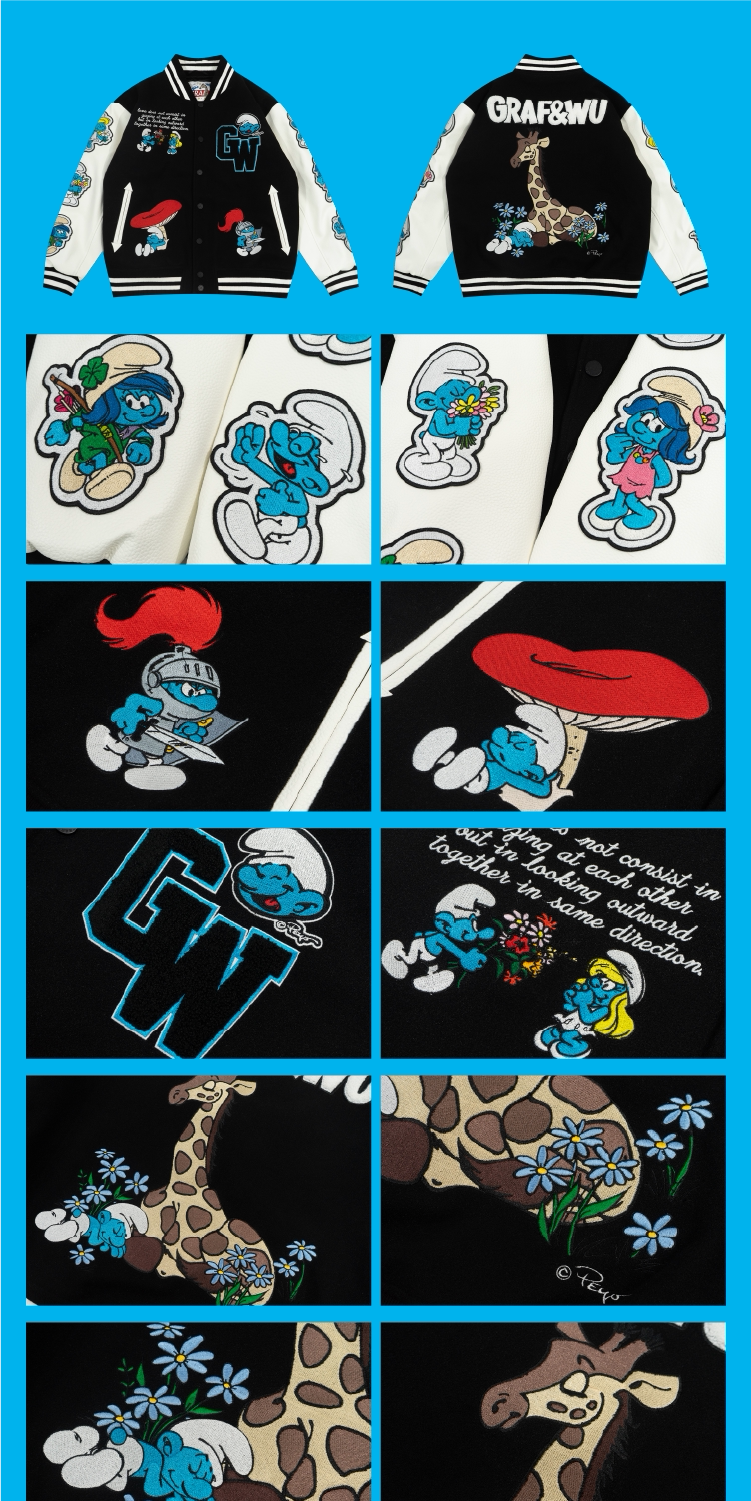 GRAF X SMURF Badge Calm Giraffe Embroidery Leather Sleeve Baseball Jacket