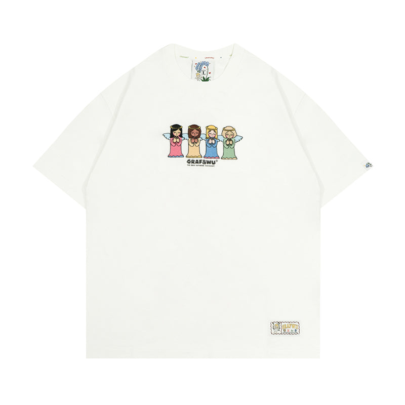GRAFWU 4 Girls Angels Praying Embroidered T-Shirt