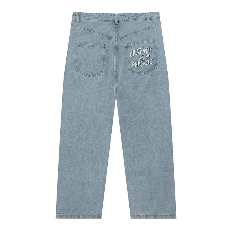 GRAF X Peanuts【Snoopy Collaboration】Jeans Charlie Brown Lucy Embroidered Pants Baggy Fit Denim Trousers Men Women Classic Straight-Leg Denim