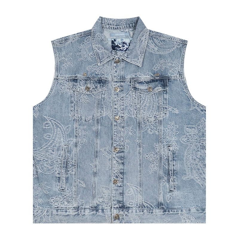 GRAFWU Jacquard Craft Pattern Design Denim Sleeveless