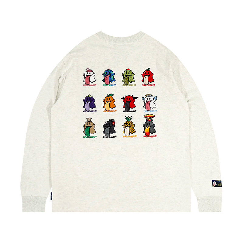 GRAF&WU BooGhost12Cute Ghosts 2.0 Embroidered Loose-Fit Casual Streetwear Multi-Color Long Sleeve T-Shirt