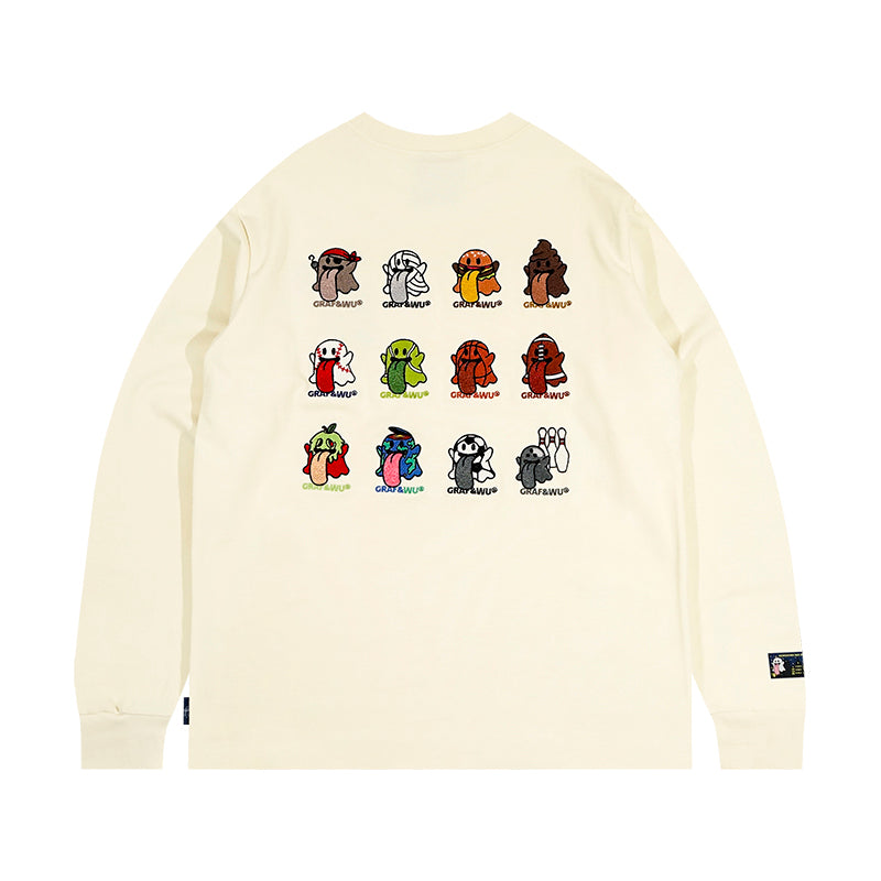 GRAF&WU BooGhost12Cute Ghosts 2.0 Embroidered Loose-Fit Casual Streetwear Multi-Color Long Sleeve T-Shirt