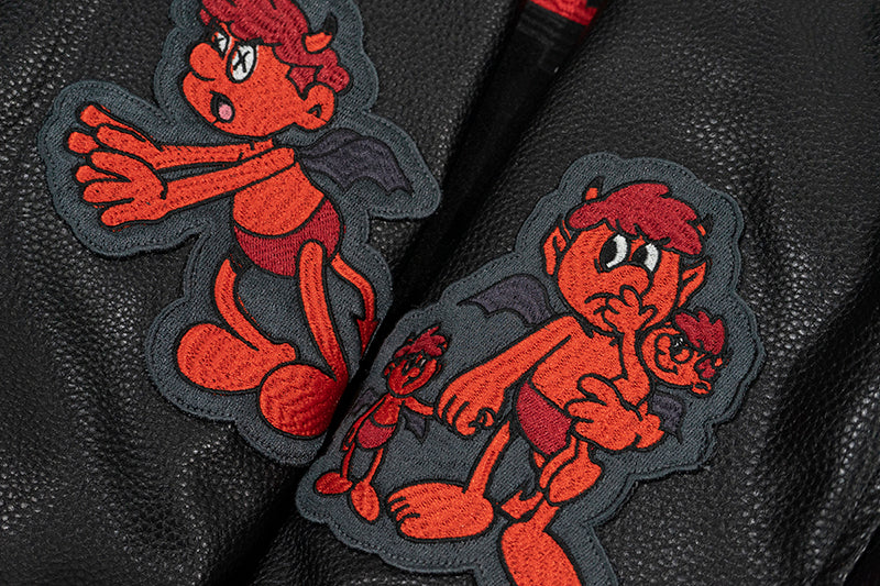 GRAF&WU Angel Devil Leather Sleeved Thick Baseball Jacket