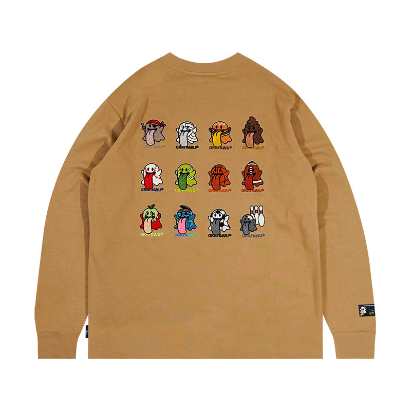 GRAF&WU BooGhost12Cute Ghosts 2.0 Embroidered Loose-Fit Casual Streetwear Multi-Color Long Sleeve T-Shirt