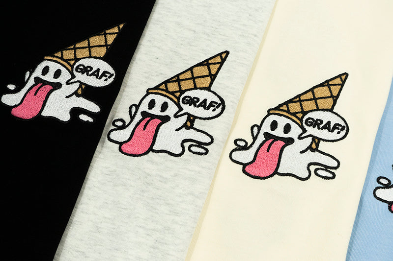 GRAF&WU 【Summer Special】T-shirts12 Ice Cream Cute Ghost Short Sleeves Embroidered Short Sleeve Men Women Cotton Casual T-shirt