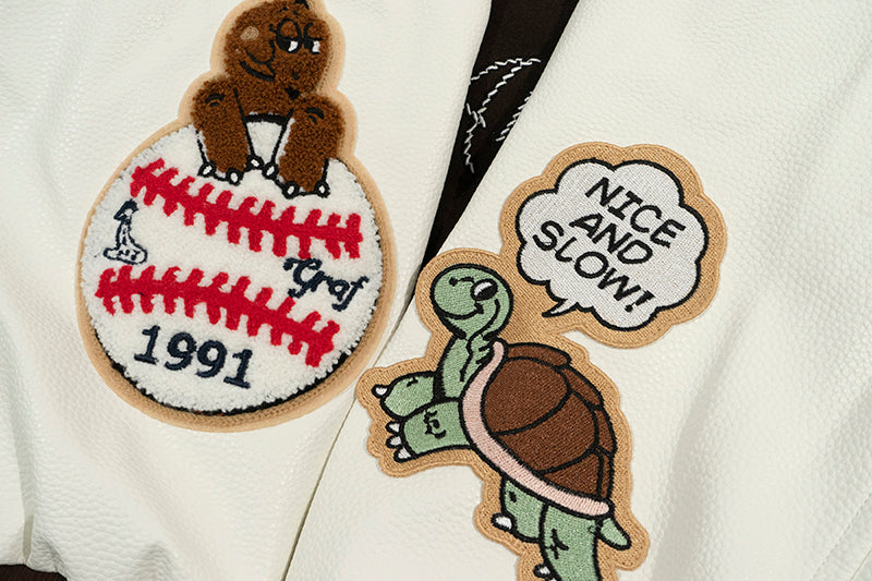 GRAF&WU Turtle Deer Race Leather Sleeved Retro Baseball Jacket - Premium Streetwear