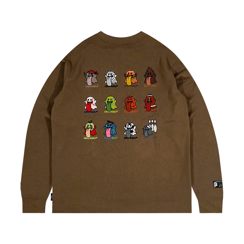 GRAF&WU BooGhost12Cute Ghosts 2.0 Embroidered Loose-Fit Casual Streetwear Multi-Color Long Sleeve T-Shirt