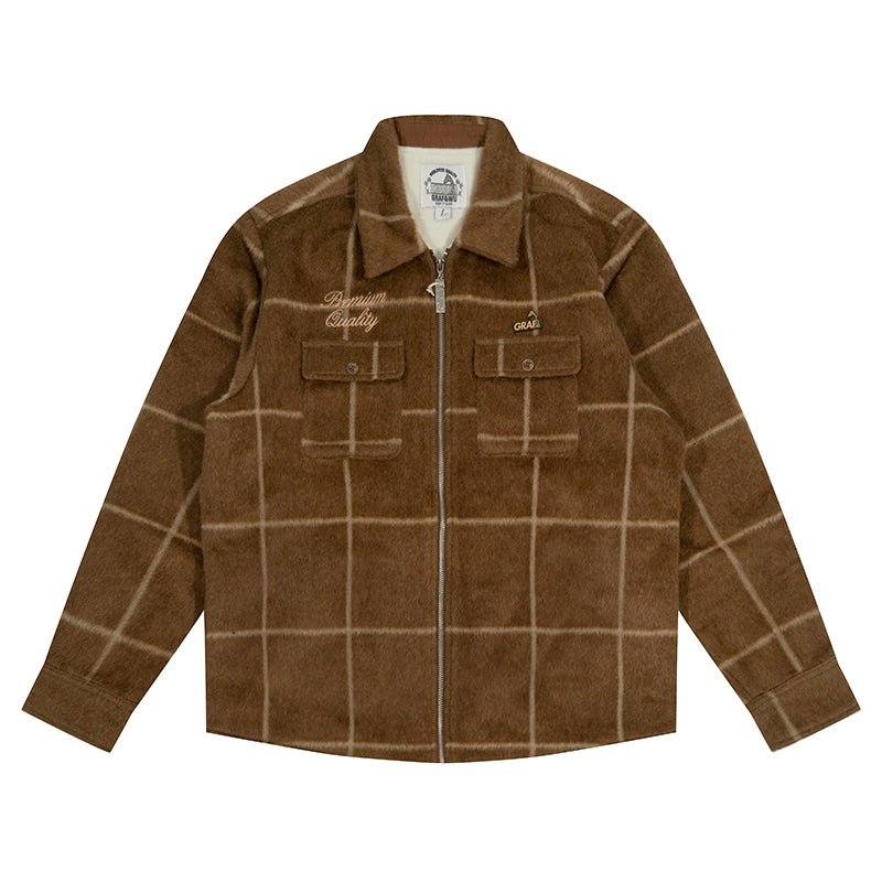 GRAF&WU Metal Deer Logo Woolen Checked Shirt Jacket