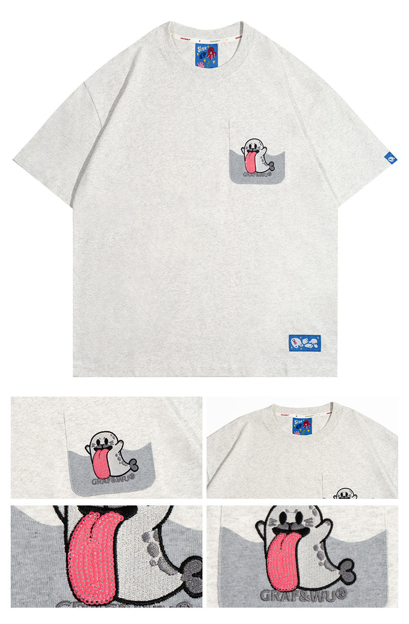 GRAF&WU Ocean Protect Coral Whale Giant Clam Cute Ghost Pocket T-shirt