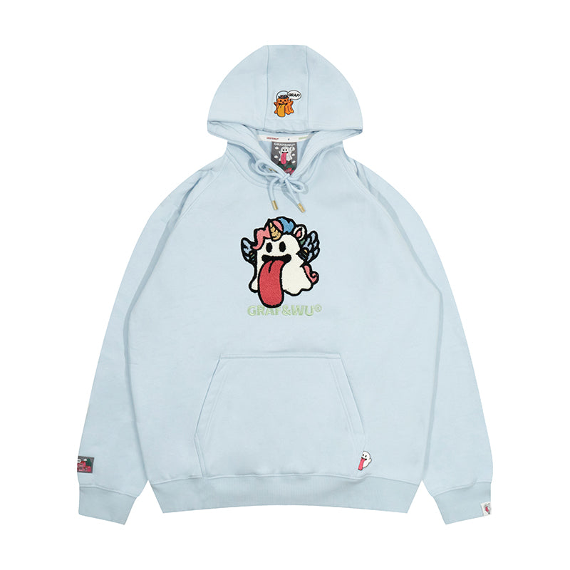 GRAF&WU Halloween Godzilla Unicorn Cute Ghost Embroidery Fleece Hoodie