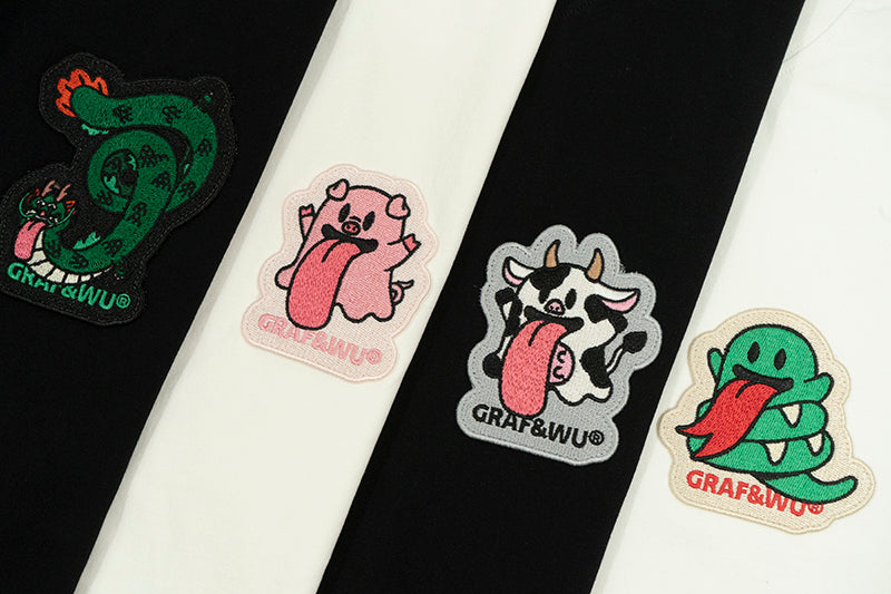 GRAF&WU T-Shirts 12 Zodiac Tiger Sheep Cow Pig Cute Ghost Short-Sleeved Embroidered Cotton T-Shirt