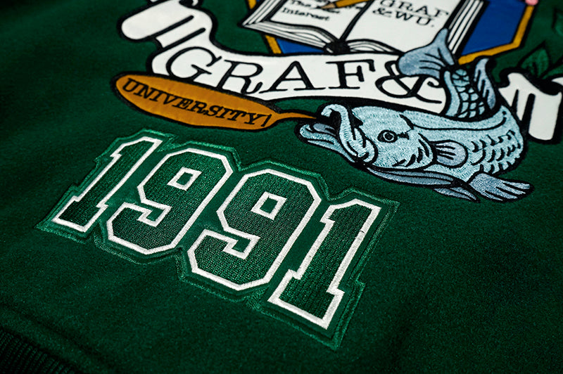 GRAF&WU University Them Leather Sleeved Wool Baseball Jacket