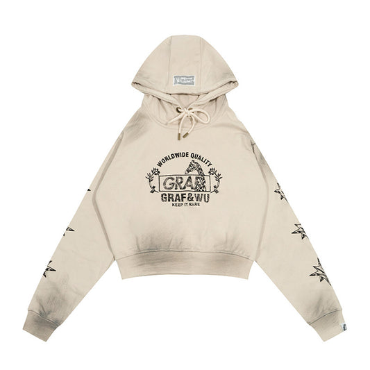 GRAF&WU Vintage Washed Distressed Giraffe Design Cropped Hoodie