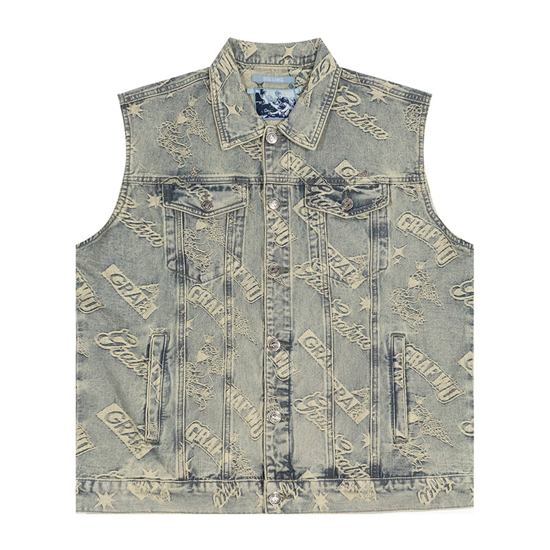 GRAFWU Jacquard Craft Pattern Design Denim Sleeveless