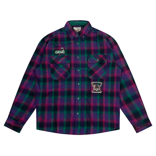 GRAF&WU Plaid Angel Football Embroidery Street Loose Brushed Shirt