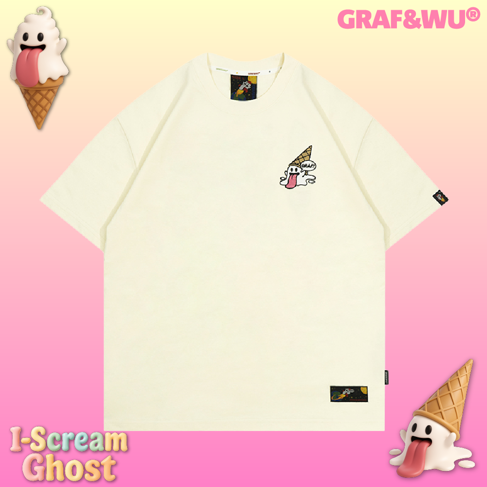 GRAF&WU 【Summer Special】T-shirts12 Ice Cream Cute Ghost Short Sleeves Embroidered Short Sleeve Men Women Cotton Casual T-shirt