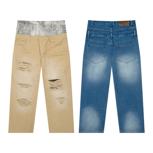 Double Waist Jeans: Distressed Ripped Baggy Y2K Streetwear