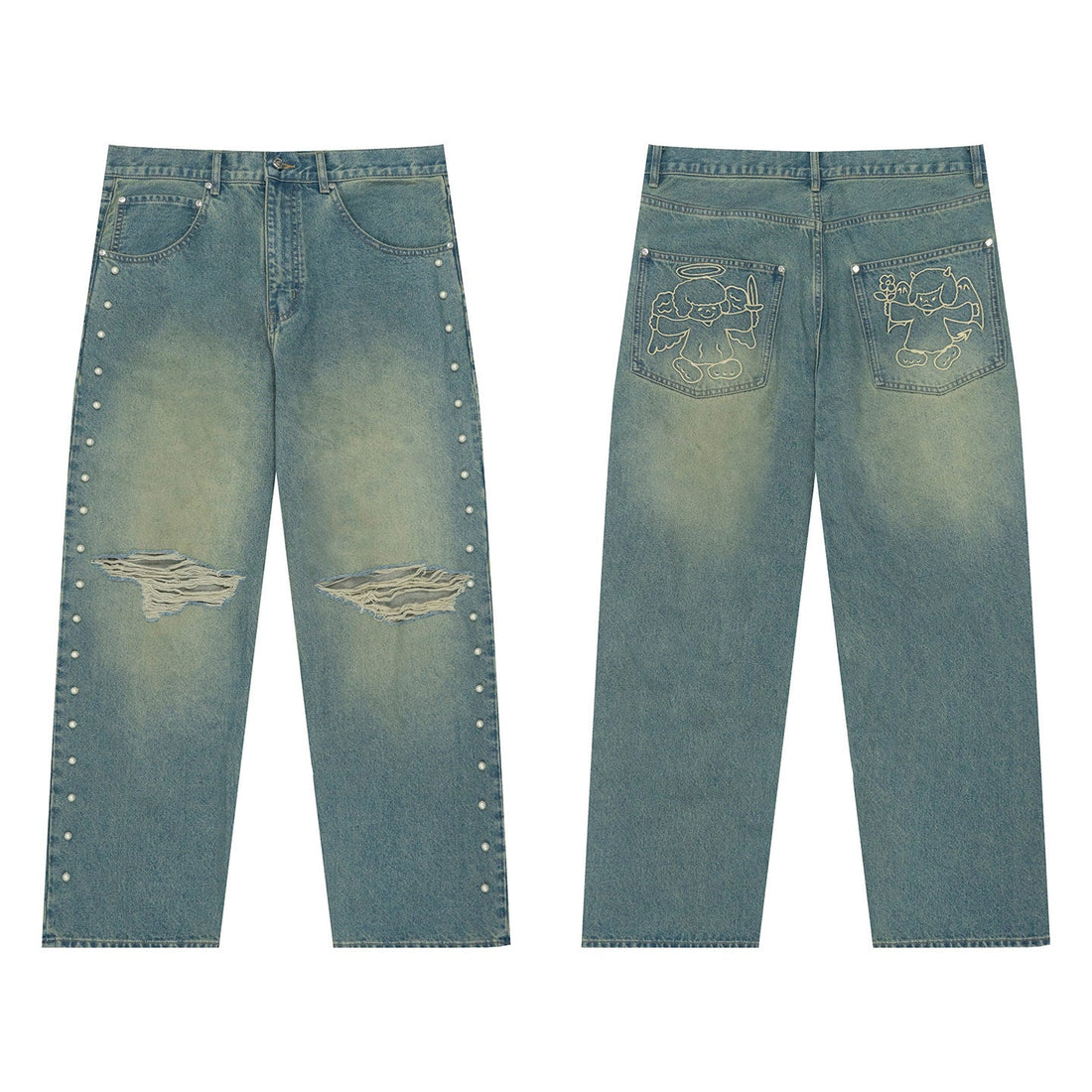 Grunge Pearl Angel Devil Jeans: Ripped Denim with Graphic Design